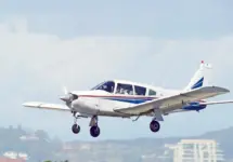 Piper PA-28R-200 fixed wing single engine aircraft approaching runway for a landing at Santa Monica Airport in Los Angeles^ California USA SANTA MONICA/CALIFORNIA - MARCH 6^ 2016