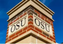 OSU Lettering on brick column on the Oklahoma State University Campus Stillwater^ OK - October 21^ 2022