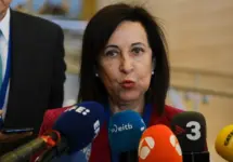 Margarita Robles^ Minister of Defence arrives for a two-day meeting of the alliance's Defence Ministers at the NATO headquarters in Brussels^ Belgium on Feb. 14^ 2023.