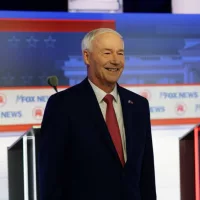Asa Hutchinson former Arkansas governor in 2024 Republican Presidential Debate at the Fiserv Forum^ Milwaukee^ Wisconsin USA - August 23rd^ 2023