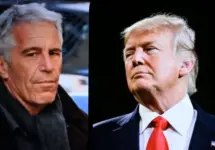 Conceptual editorial image showing U.S. President Donald Trump and Jeffrey Epstein on the screen. For editorial use only. New York U.S 27.07.2025