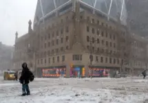 New York^ NY USA - February 1^ 2021: Snow storm on East Coast^ New York City. Manhattan During Nor'easter Blizzard