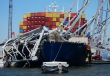 Container vessel Dali is trapped and aground under the wreckage of the Francis Scott Key Bridge in Baltimore. Baltimore^ MD USA - 4-23-2024