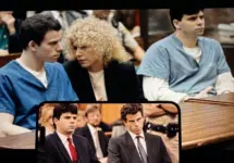 photo collage of Erik and Lyle Menendez with their attorney. the brothers are serving life sentences without parole for the 1989 shotgun slayings of their parents^ José and Mary Louise “Kitty” Menendez.