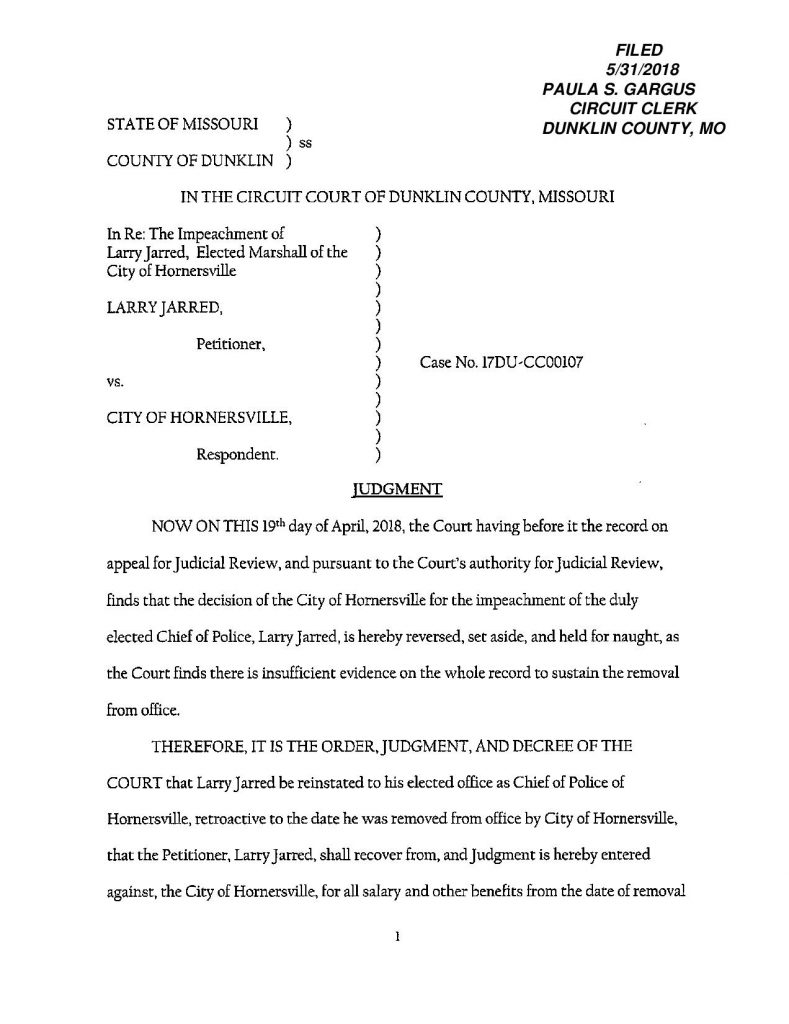 Impeachment to be reversed for Chief of Police in Hornersville, Larry