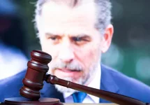Hunter Biden ^court session. Judicial Hammer on the background of the photo.