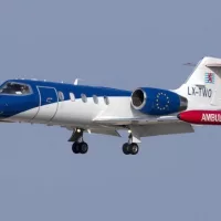 Luqa^ Malta August 14^ 2015: Luxembourg Air Ambulance Learjet 35A/ZR on finals for runway 31.