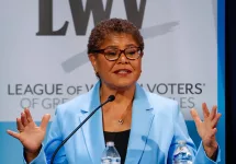 LA Mayor Karen Bass^ attends a mayoral debate on May 1^ 2022 in Los Angeles.