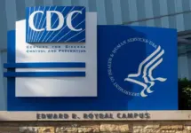 Closeup of the CDC logo seen at the Edward R. Roybal campus^ the headquarters of the Centers for Disease Control and Prevention (CDC) in Atlanta^ Georgia.