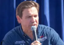 Florida Governor Ron DeSantis greets supporters at the Iowa State Fair fair side chats in Des Moines^ Iowa. Des Moines^ Iowa^ USA - August 12^ 2023