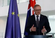 Australian Prime Minister Anthony Albanese is received with military honors by German Chancellor Olaf Scholz at the Federal Chancellery in Berlin.