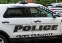 A police car in Brown University campus in Providence^ RI^ USA^ on November 10^ 2023. Brown University is a private Ivy League research university in Providence^ Rhode Island.