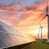 Solar panels and wind turbines stand tall under a dramatic sunset sky^ symbolizing clean renewable energy and a sustainable future landscape against a vibrant golden hour light.