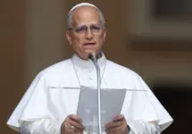 Pope Leo XIV recites the Angelus and imparts his blessing at the gates of the Apostolic Palace before thousands of faithful in Castelgandolfo. Castelgandolfo^ Italy - August 17^ 2025