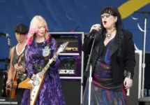 Heart's Ann and Nancy Wilson perform onstage at the 2024 New Orleans Jazz Heritage Festival at Fair Grounds Race Course on April 28^ 2024 in New Orleans Louisiana.