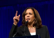 Presidential candidate Kamala Harris speaking at the Democratic National Convention summer session in San Francisco^ California.