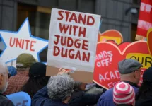 Sign in support of Milwaukee Judge Hannah Dugan at a May Day march for workers' rights in Lower Manhattan. NEW YORK^ NEW YORK USA - May 1^ 2025