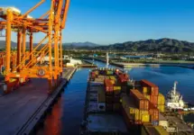 Container vessel approaching the berth Manzanillo^ Mexico - November 1 2015
