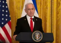 Israeli Prime Minister Benjamin Netanyahu at news conference in the East Room of the White House. WASHINGTON D.C.^ USA - FEBRUARY 4^ 2025