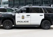 Minneapolis Police car in downtown Minneapolis^ Minnesota^ MN USA^ May 5^ 2023.