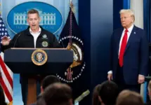 Sean Duffy^ Transportation Secretary^ speaks at a White House press briefing. Pres. Donald Trump also pictured