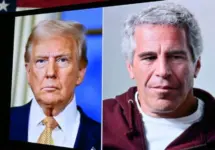 Editorial image showing U.S. President Donald Trump and Jeffrey Epstein on the screen. For editorial use only. New York U.S 27.07.2025