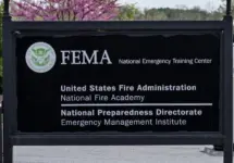 Sign at the entrance to the FEMA National Emergency Training Center. Emmitsburg^ Maryland - April 23^ 2024