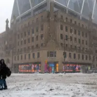 New York^ NY USA - February 1^ 2021: Snow storm on East Coast^ New York City. Manhattan During Nor'easter Blizzard