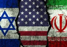 Israel^ United States and Iran flags on the textured wall^ political conflict concept background with clash. War^ trade^ diplomatic. USA negotiation