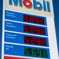 Mobil gas station sign showing high price of California Gasoline with bright blue sky Lone Pine^ CA^ USA - February 9th^ 2023