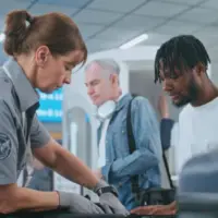 Security Checkpoint in Airport Terminal: Female TSA Worker Inspecting Baggage of Passenger before Boarding Flight^ Finding and Confiscates Liquid. Queue of Diverse People During Screening Procedures.