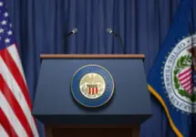 Federal Reserve System Fed of USA chairman press conference concept. Tribune with symbol and flag of FRS and United States. 3d illustration