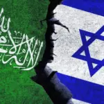 Israel vs Hamas concept flags on a wall with a crack. Hamas and Israel political conflict^ economy^ war crisis^ relationship^ trade concept