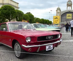 people-walk-around-at-a-car-exhibition-of-mustang-cars-outside-boy-takes-a-picture-of-sbi-351208337