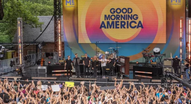 New York^ NY - July 15^ 2022: Members of pop rock band One Republic pose on stage after ABC Good Morning America summer concert at Central Park