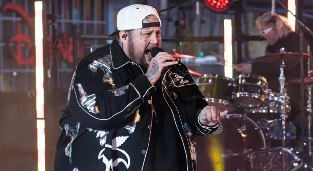 Jelly Roll performs on stage during 2024 New Year's celebration on Times Square in New York on December 31^ 2023.