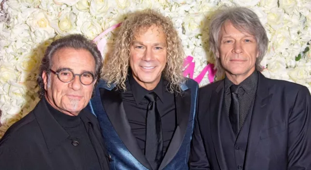 (L-R) Bon Jovi members Tico Torres^ David Bryan^ and Jon Bon Jovi attend the opening night of "Diana^ The Musical" on Broadway at The Longacre Theatre. NEW YORK^ NEW YORK - NOVEMBER 17^ 2021