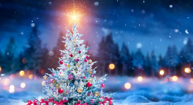 Christmas Tree And Gift Boxes On Snow In Night With Shiny Star and Forest - Winter Abstract Landscape