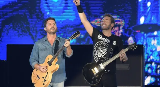 Guitarists Chad Kroeger and Ryan Peake of Canadian rock band Nickelback during a concert at Rock in Rio 2019 in Rio de Janeiro. Rio de Janeiro^ Brazil^ October 6^ 2019