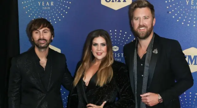 (L-R) Dave Haywood^ Hillary Scott and Charles Kelley of Lady A attend the 2019 CMT Artists of the Year at Schermerhorn Symphony Center on October 16^ 2019 in Nashville