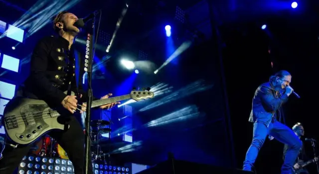 Brent Smith and Eric Bass with Shinedown perform live onstage at Rockstar Uproar Festival on September 25 2012 in Nampa^ Idaho. NAMPA^ IDAHO - SEPTEMBER 25