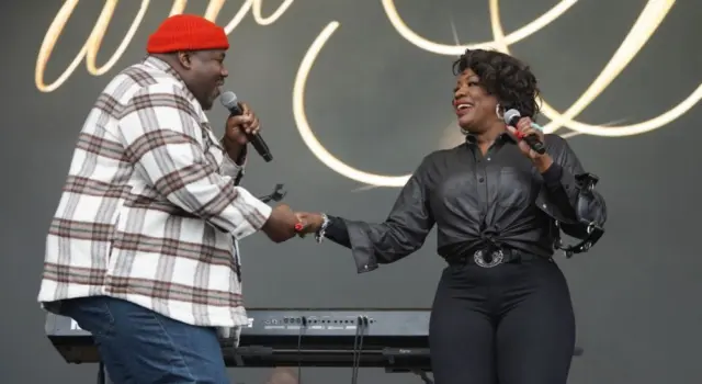 The War and Treaty^ a husband and wife duo consisting of Michael Trotter Jr. and Tanya Trotter^ performs on stage at the 2024 Soundside Music Festival. Bridgeport^ Connecticut - September 29^ 2024