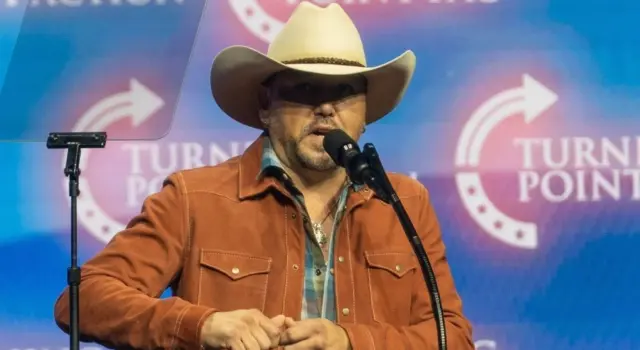 Jason Aldean speaks at a Donald Trump election rally at the Gas South Arena in Duluth^ Georgia. Duluth^ Georgia^ October 23^ 2024