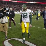 Green Bay Packers quarterback Aaron Rodgers leaves the field after their loss against the San Francisco 49ers in the NFL NFC Championship football game Sunday, Jan. 19, 2020, in Santa Clara, Calif. The 49ers won 37-20 to advance to Super Bowl 54 against the Kansas City Chiefs. (AP Photo/Matt York)