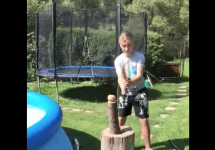 kid has sword and slices pool