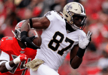 new-orleans-saint-tight-end-jared-cook-runs-away-from-tampa-bay-buccanneer-player-png