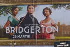 Banner advertising Bridgerton TV Series is displayed on the Unirea Shopping Center^ in downtown Bucharest.