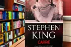 Paperback cover of Carrie by Stephen King shown on a bookshop shelf background