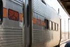 Train cars of the South Shore Line stop in Downtown Gary Indiana. Gary^ Indiana^ USA - March 28^ 2022