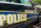 Baltimore Maryland police department sign on police cruiser BALTIMORE^ MARYLAND - JULY 29^ 2023
